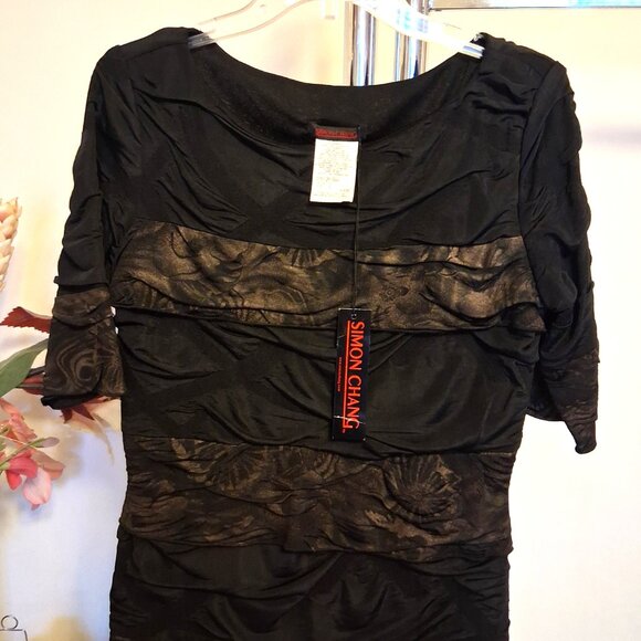 NWT Simon Chang Women's Well Tailored ¾ Sleeve Brown Gold Midi Lined Dress 8 M - Picture 8 of 11